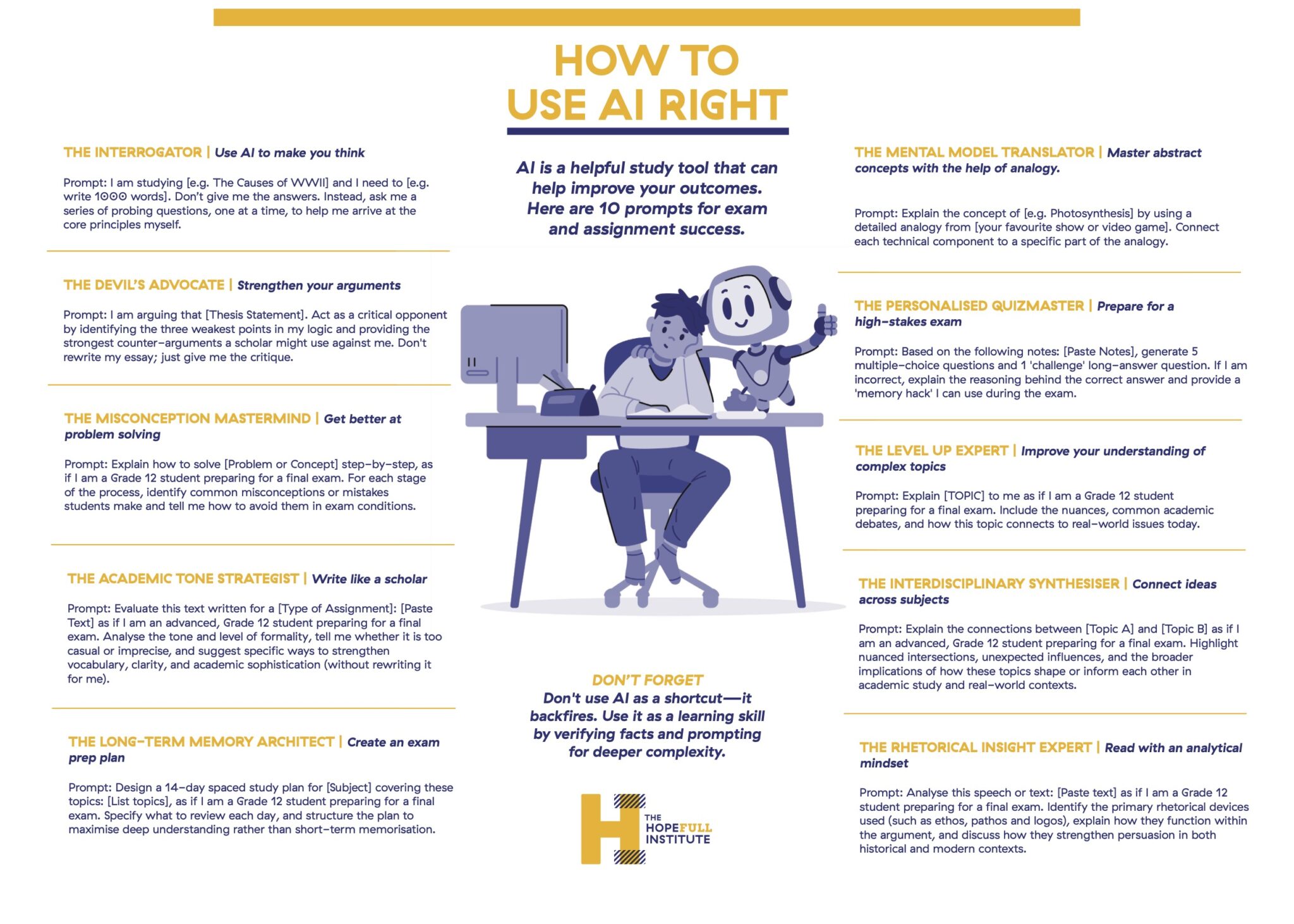 Infographic of 10 AI prompts to help students study smart and prepare for exams