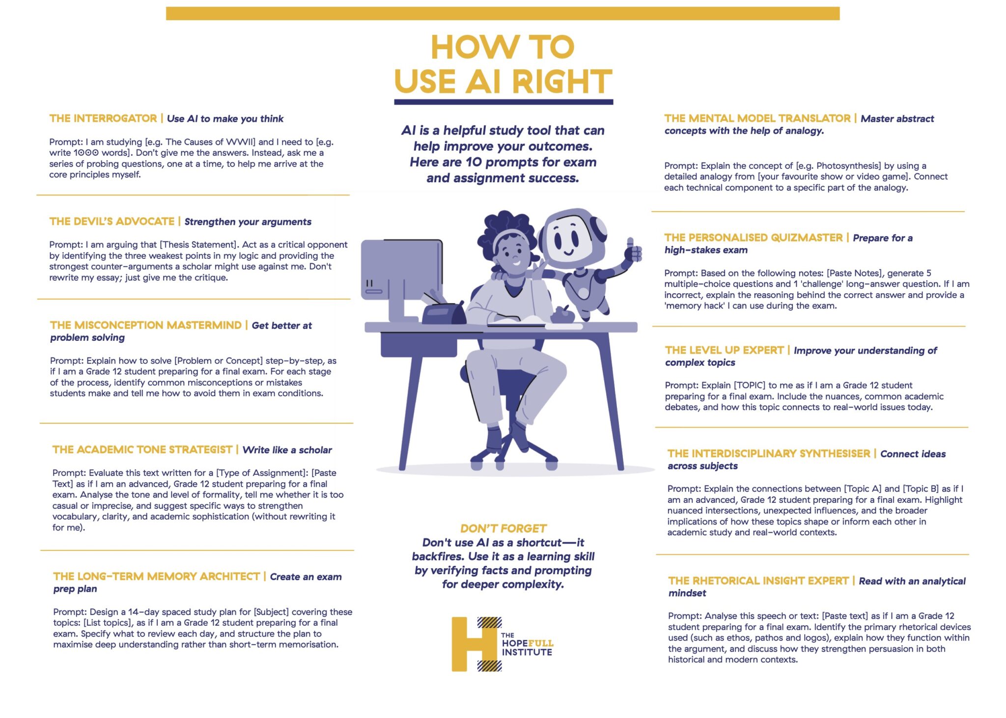 Infographic of 10 AI prompts to help students study smart and prepare for exams