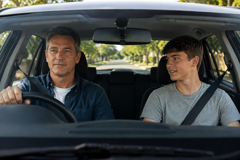 A father and teenage son talking side by side in a car, the setting where boys open up most.