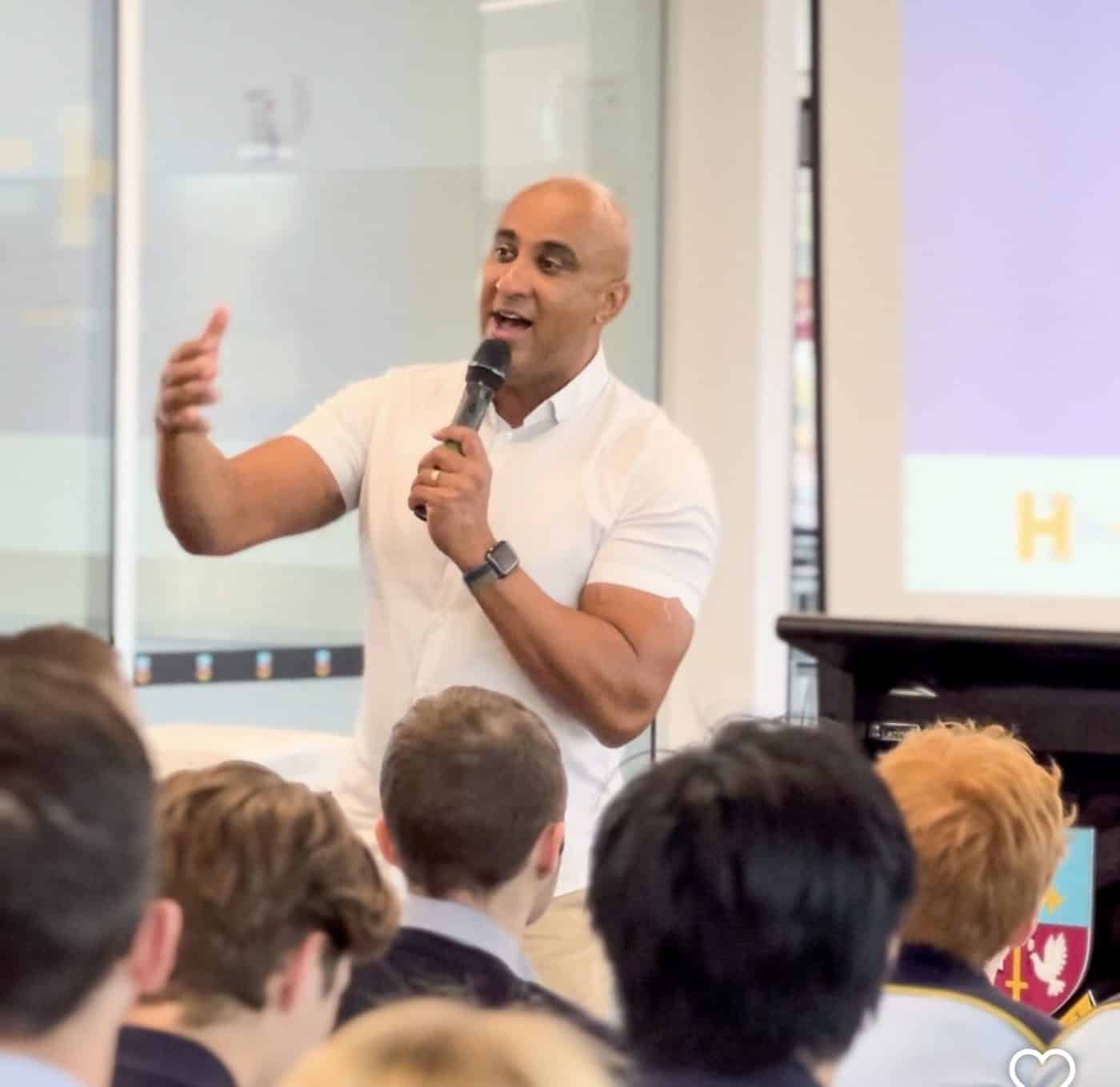 Motivational speaker Glen Gerreyn presenting to high school students without a script