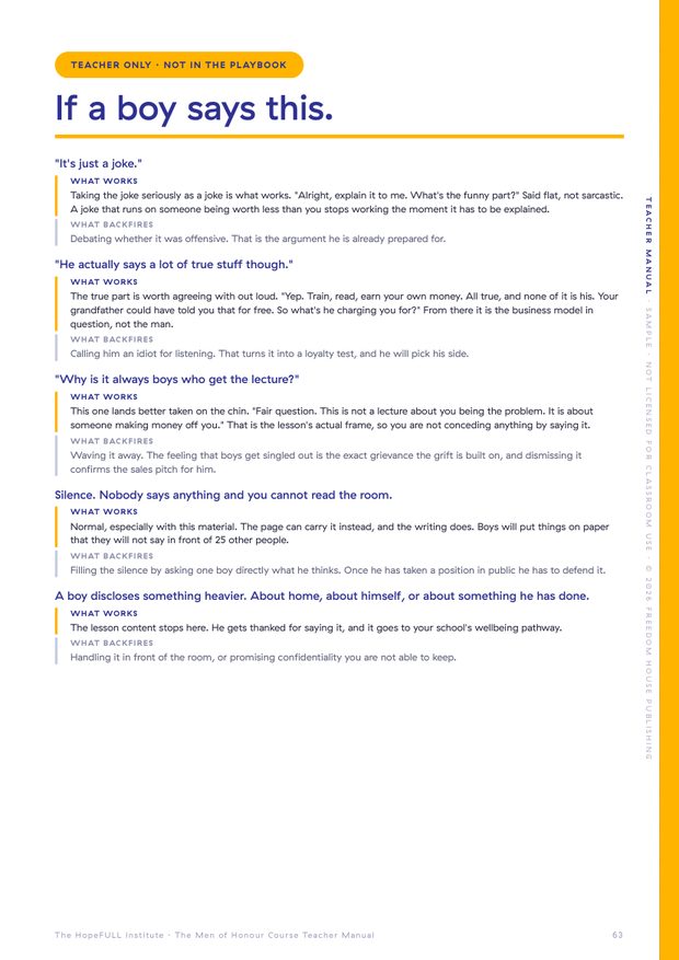 The 'If a boy says this' page from the Teacher Manual